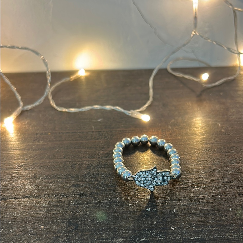 Silver Beaded Bracelet with Hamsa Charm
